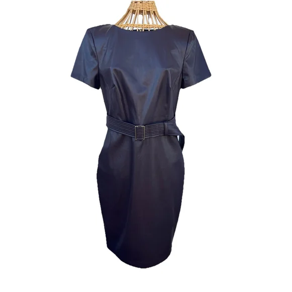 Calvin Klein Faux Leather Sheath Dress Belted Short Sleeve Black Size 6